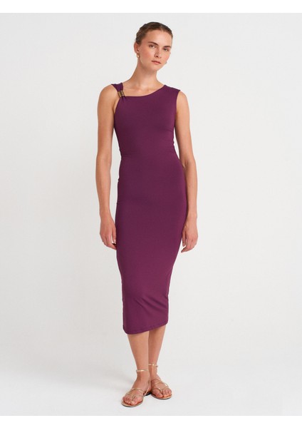 91493 Aksesuar Detaylı Asimetrik Elbise-Mor