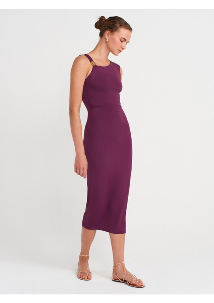 91493 Aksesuar Detaylı Asimetrik Elbise-Mor fırsatları