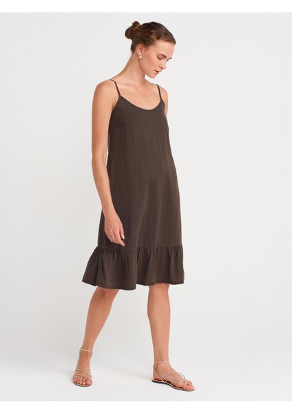 90572 Alt Bölümü Büzgülü Kısa Denim Elbise-Kahve