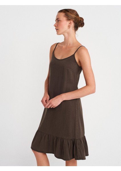 90572 Alt Bölümü Büzgülü Kısa Denim Elbise-Kahve fırsatları