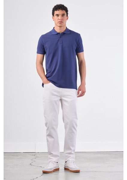 Lacivert Polo Yaka Pamuklu Düz Renk Slim Fit Erkek T-shirt