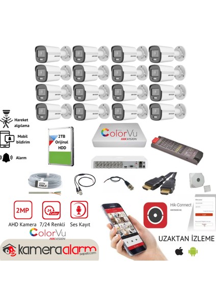 Hıkvısıon 16 Kameralı, Gece Gündüz Renkli Görüşlü, Ses Kayıtlı Ahd Güvenlik Kamerası