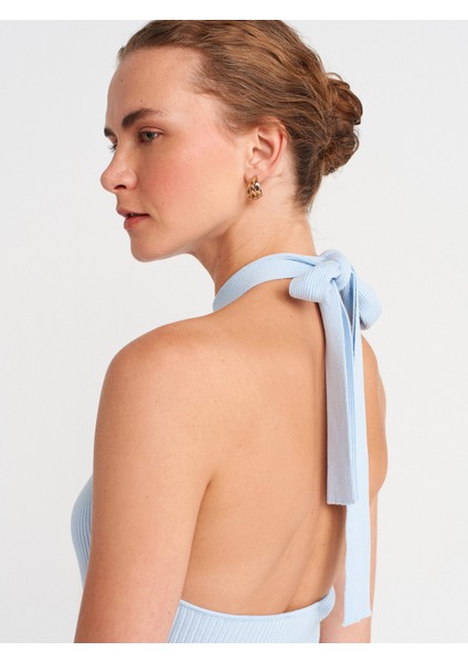 10798 Halter Bağlamalı Yaka Fitilli Triko Bluz-Mavi fırsatları