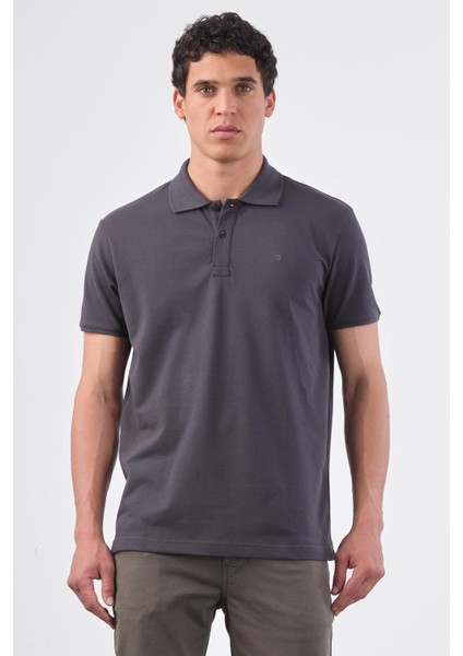 Antrasit Polo Yaka Pamuklu Düz Renk Slim Fit Erkek T-shirt
