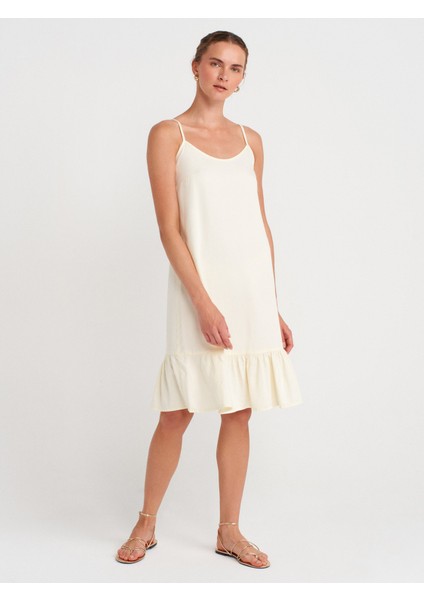 90572 Alt Bölümü Büzgülü Kısa Denim Elbise-Sarı