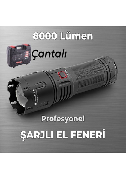 El Feneri 8000 Lümen 80W Zoomlu Uzun Menzil Şarjlı Powerbank Ledli Işık Lambası Su Geçirmez Kamp