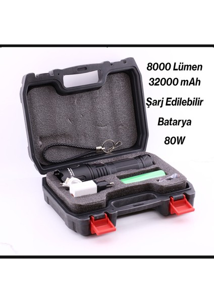 El Feneri 8000 Lümen 80W Zoomlu Uzun Menzil Şarjlı Powerbank Ledli Işık Lambası Su Geçirmez Kamp modelleri