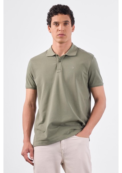 Haki Polo Yaka Pamuklu Düz Renk Slim Fit Erkek T-shirt