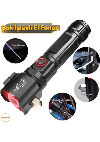 Şarjlı El Feneri | Yüksek Güçlü LED Işık | USB ile Şarj Edilebilir | Su Geçirmez Metal Gövde | Zoom Özellikli