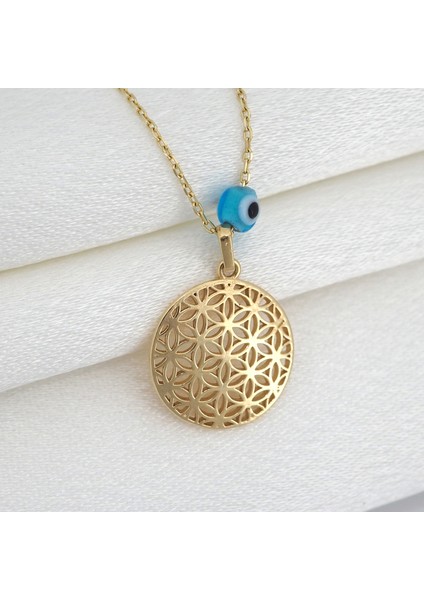 Yaşam Çiçeği Motifli Altın Kolye - 14 Ayar, Nazar Boncuklu 2,38 Gram