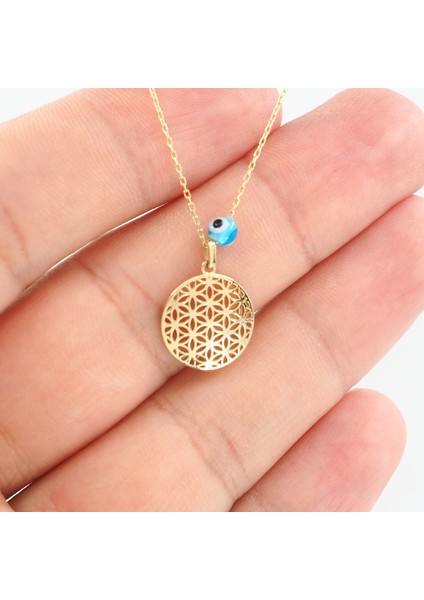 Yaşam Çiçeği Motifli Altın Kolye - 14 Ayar, Nazar Boncuklu 2,38 Gram fırsatları