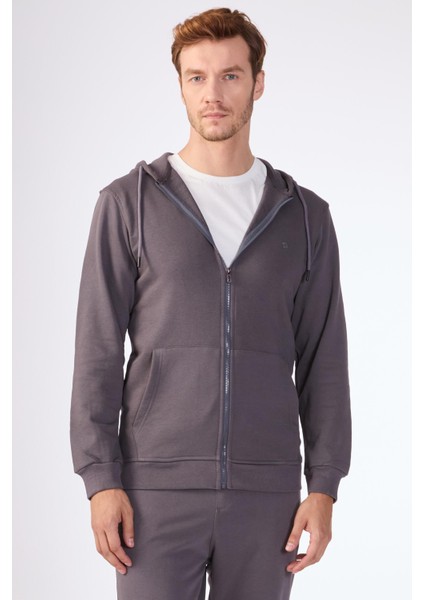 Antrasit Fermuar Kapamalı Kapüşonlu Erkek Regular Fit Sweatshirt