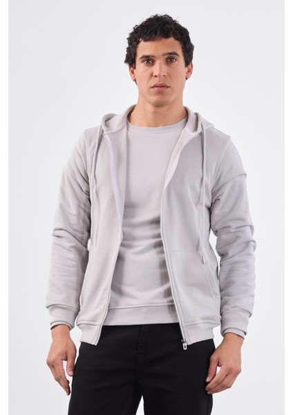 Açık Gri Fermuar Kapamalı Kapüşonlu Erkek Regular Fit Sweatshirt