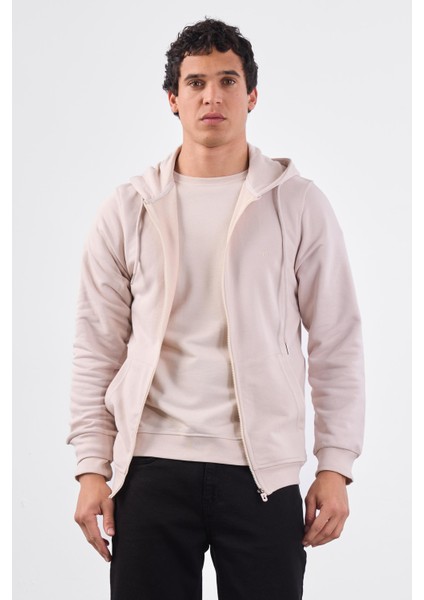 Bej Fermuar Kapamalı Kapüşonlu Erkek Regular Fit Sweatshirt