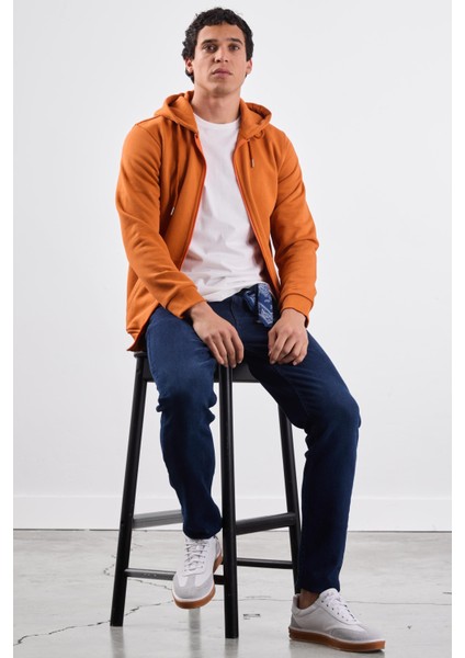 Kiremit Fermuar Kapamalı Kapüşonlu Erkek Regular Fit Sweatshirt