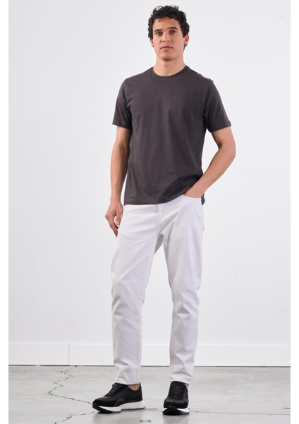 Antrasit Bisiklet Yaka Pamuklu Düz Renk Slim Fit Erkek T-shirt