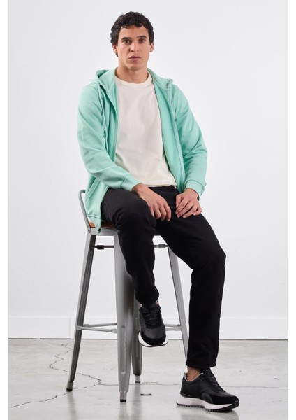 Mint Yeşili Fermuar Kapamalı Kapüşonlu Erkek Regular Fit Sweatshirt