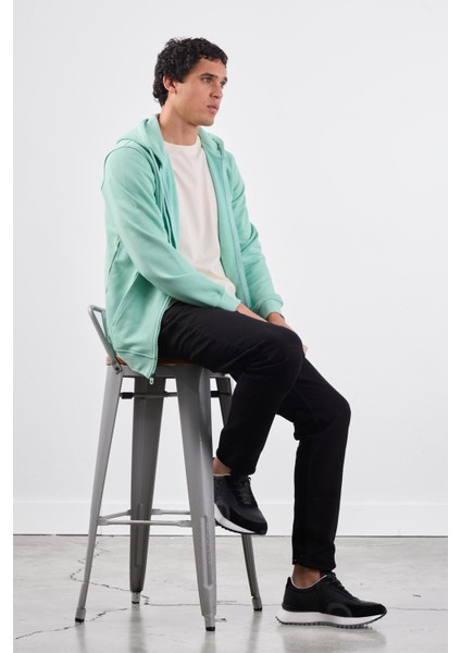 Mint Yeşili Fermuar Kapamalı Kapüşonlu Erkek Regular Fit Sweatshirt fiyatları
