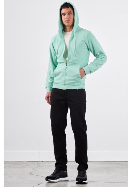 Mint Yeşili Fermuar Kapamalı Kapüşonlu Erkek Regular Fit Sweatshirt indirimleri