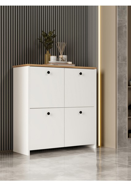 Kuzeylife Shiva Ayakkabılık 4 Kapaklı 4 Raflı Çok Amaçlı Dolap Beyaz-Safir Meşe