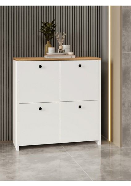Kuzeylife Shiva Ayakkabılık 4 Kapaklı 4 Raflı Çok Amaçlı Dolap Beyaz-Safir Meşe fiyatları