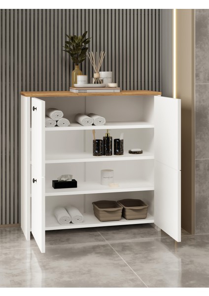 Kuzeylife Shiva Ayakkabılık 4 Kapaklı 4 Raflı Çok Amaçlı Dolap Beyaz-Safir Meşe modelleri