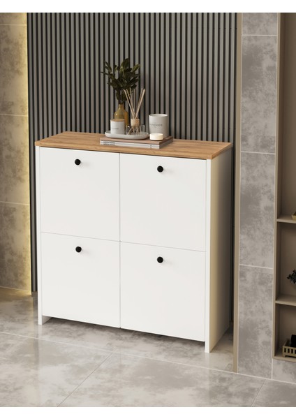 Kuzeylife Shiva Ayakkabılık 4 Kapaklı 4 Raflı Çok Amaçlı Dolap Beyaz-Safir Meşe fırsatları