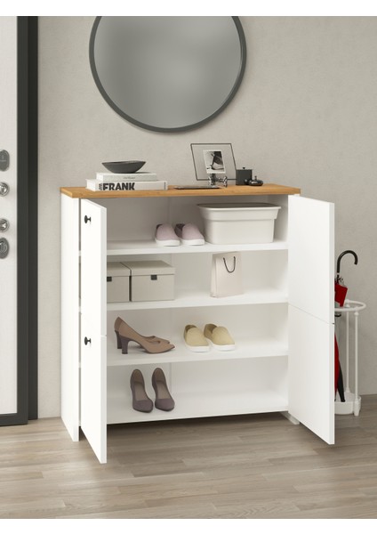 Kuzeylife Shiva Ayakkabılık 4 Kapaklı 4 Raflı Çok Amaçlı Dolap Beyaz-Safir Meşe