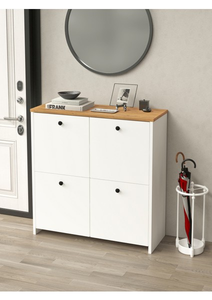 Kuzeylife Shiva Ayakkabılık 4 Kapaklı 4 Raflı Çok Amaçlı Dolap Beyaz-Safir Meşe