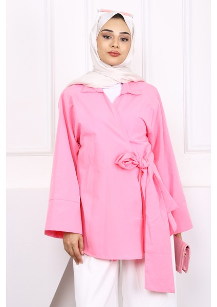 Pembe Yan Bağlamalı Kimono