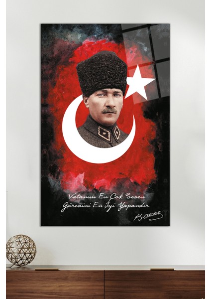 Ay Yıldız Atatürk Cam Tablo, Modern Ev ve Ofis Dekoru, Hediyelik Duvar Dekorasyonu, Kırılmaz Cam