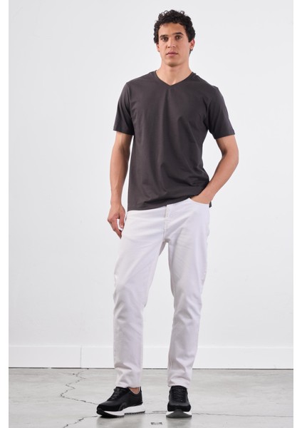 Antrasit V Yaka Pamuklu Düz Renk Slim Fit Erkek T-shirt fiyatları