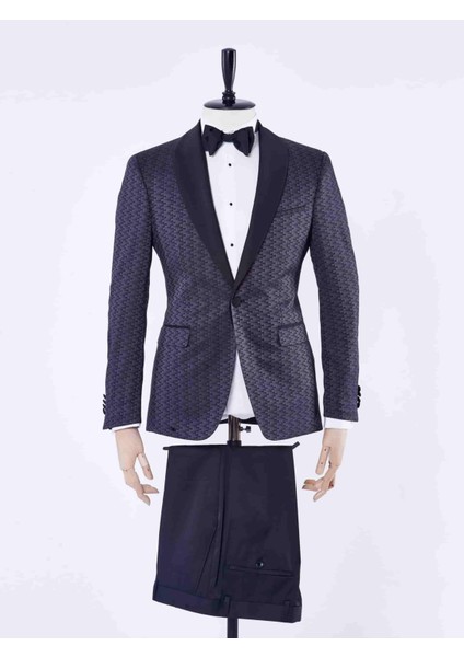 Siyah Erkek Slim Fit Jakarlı Saten Çıkma Şal Yaka Smokin Takım