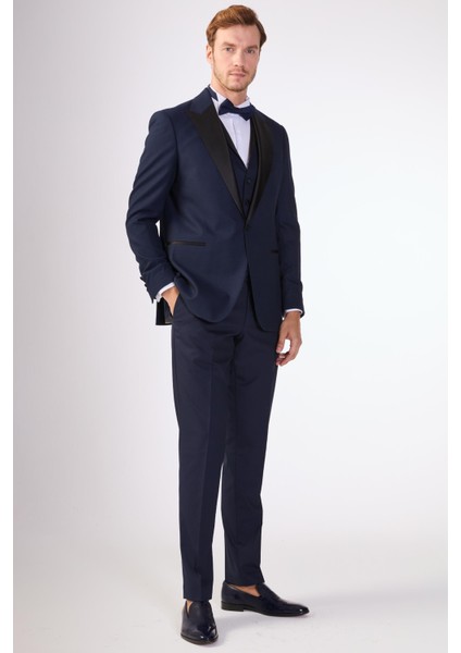 Lacivert Erkek Modern Fit Armürlü Smokin Takım-DU3202414003