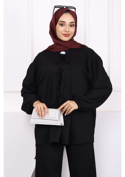Siyah Ön Bağlamalı Bürümcük Kimono Pantolonlu Takım modelleri