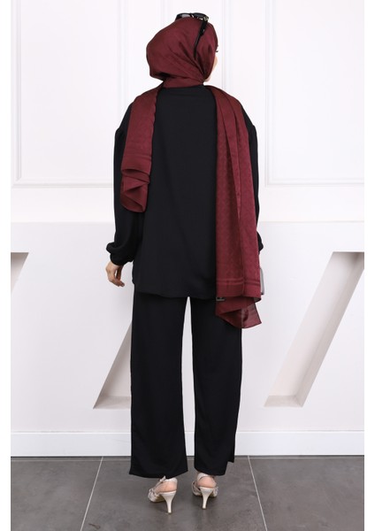 Siyah Ön Bağlamalı Bürümcük Kimono Pantolonlu Takım fırsatları