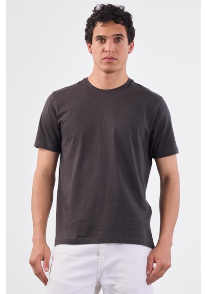 Antrasit Bisiklet Yaka Pamuklu Düz Renk Slim Fit Erkek T-shirt