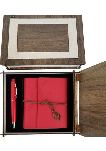 Özel Ahşap Kutulu Kırmızı Deri Defter ve Kalem Set fiyatları