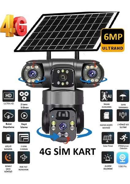 Ultimate Blm-77 6mp (3+3) 2 Kameralı 3 Ekranlı Ultrahd 4g Güneş Enerjili Akıllı Güvenlik Kamerası