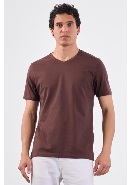 Kahve V Yaka Pamuklu Düz Renk Slim Fit Erkek T-shirt fiyatları