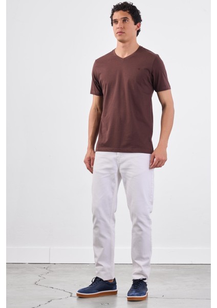 Kahve V Yaka Pamuklu Düz Renk Slim Fit Erkek T-shirt modelleri