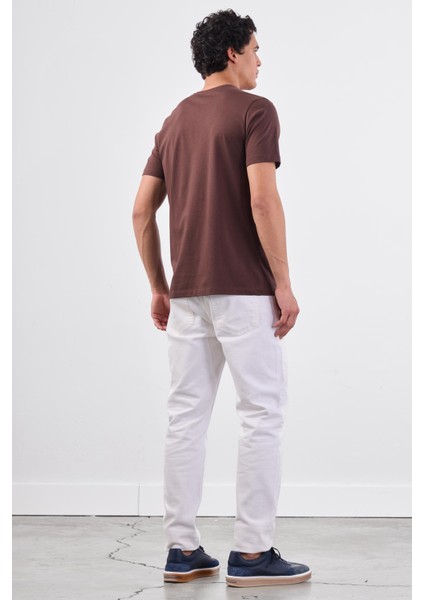 Kahve V Yaka Pamuklu Düz Renk Slim Fit Erkek T-shirt