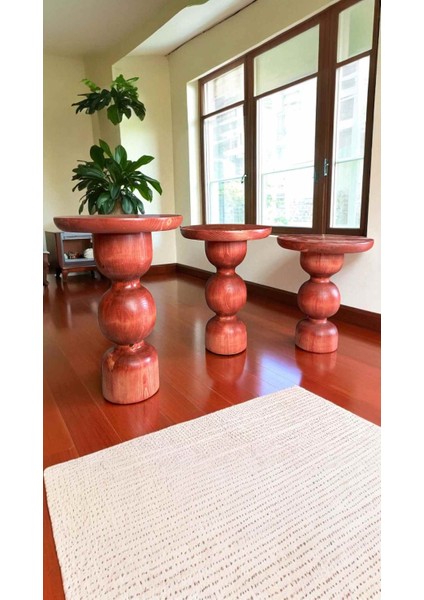 Mantar Model Ahşap Yan Sehpa Seti 3lu Maun Renk