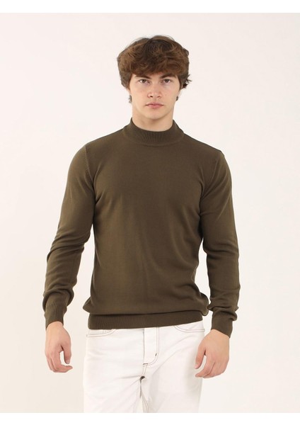 Haki Erkek Slim Fit Düz Klasik Yarım Balıkçı Yaka Triko