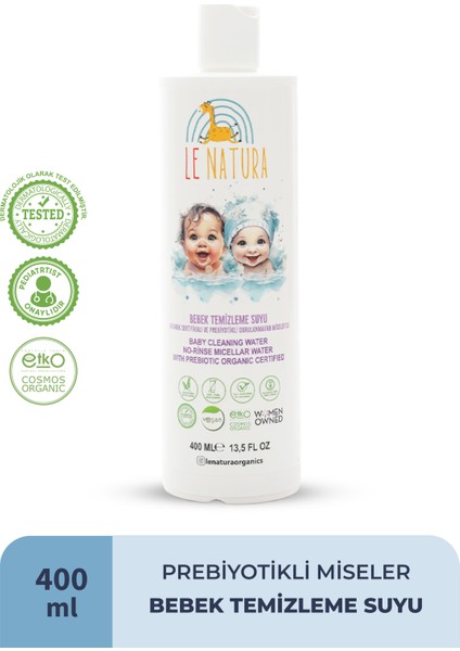 Organik & Vegan Sertifikalı, Prebiyotikli & Glutensiz Bebek Temizleme Suyu - Durulanmayan Miseler Su - 400 ML