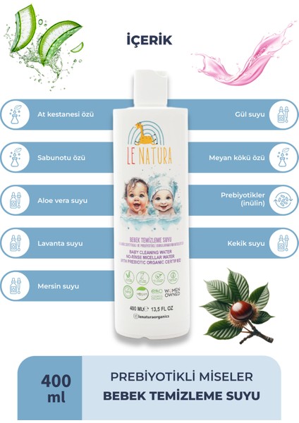 Organik & Vegan Sertifikalı, Prebiyotikli & Glutensiz Bebek Temizleme Suyu - Durulanmayan Miseler Su - 400 ML fiyatları