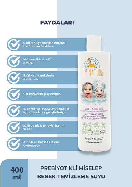 Organik & Vegan Sertifikalı, Prebiyotikli & Glutensiz Bebek Temizleme Suyu - Durulanmayan Miseler Su - 400 ML modelleri