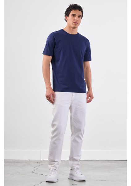 Lacivert Bisiklet Yaka Pamuklu Düz Renk Slim Fit Erkek T-shirt modelleri