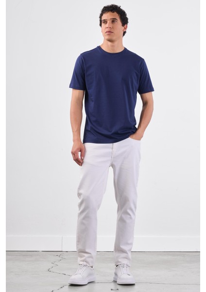 Lacivert Bisiklet Yaka Pamuklu Düz Renk Slim Fit Erkek T-shirt fırsatları