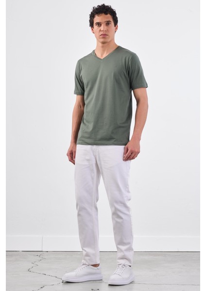 Haki V Yaka Pamuklu Düz Renk Slim Fit Erkek T-shirt fiyatları